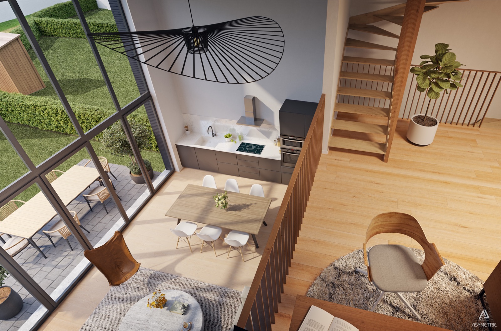 Intérieur d’une maison Lumière à double hauteur, avec escalier hélicoïdal et baies vitrées sur le jardin.